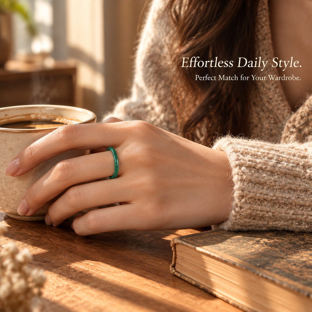 Women's Natural Malachite Stackable Ring, Elegant Minimalist